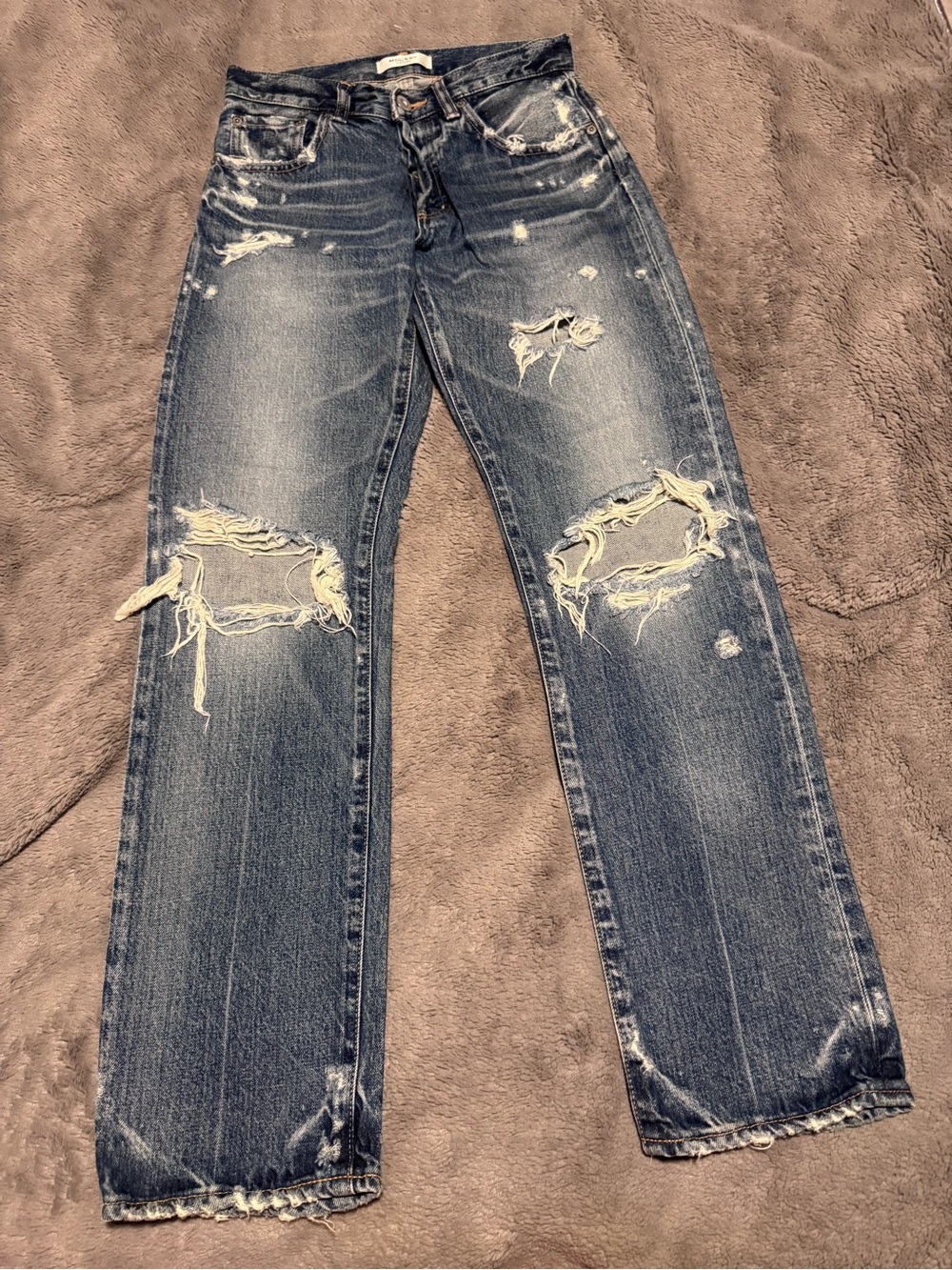 Moussy Distressed Straight Leg Jeans in Blue